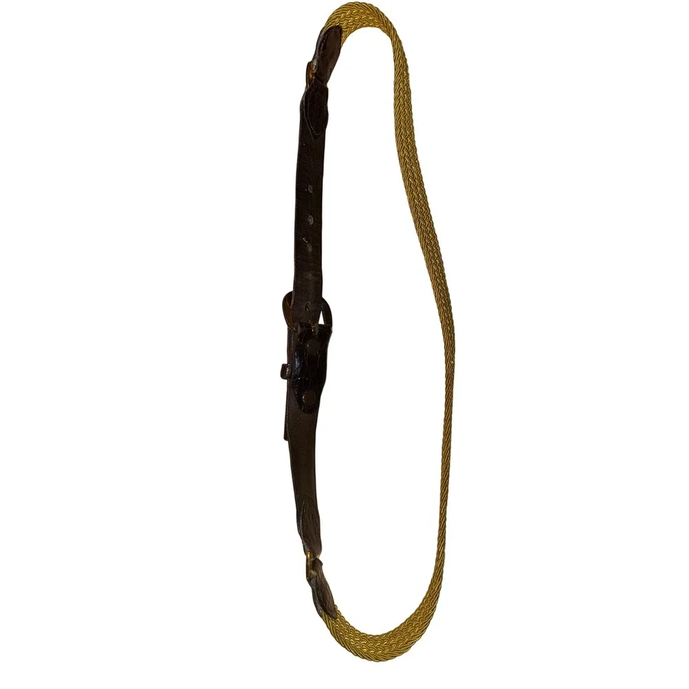 Vintage Brown Crocodile Leather and Gold Woven Elastic Skinny Belt Brass Buckle